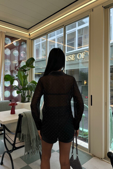 SHINY STONES DETAIL LACE WOMEN SHIRT BLACK/ E ZEZE - 4