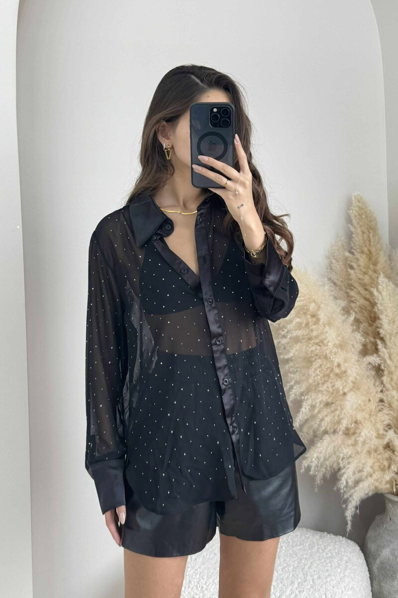 SHINY STONES DETAIL LACE WOMEN SHIRT BLACK/ E ZEZE - 2