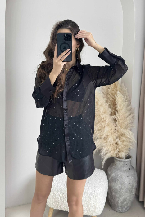 SHINY STONES DETAIL LACE WOMEN SHIRT BLACK/ E ZEZE - 3