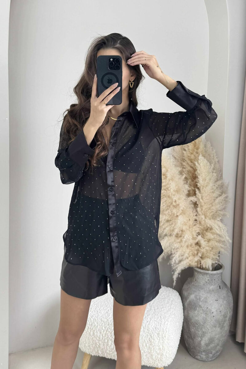 SHINY STONES DETAIL LACE WOMEN SHIRT BLACK/ E ZEZE - 3