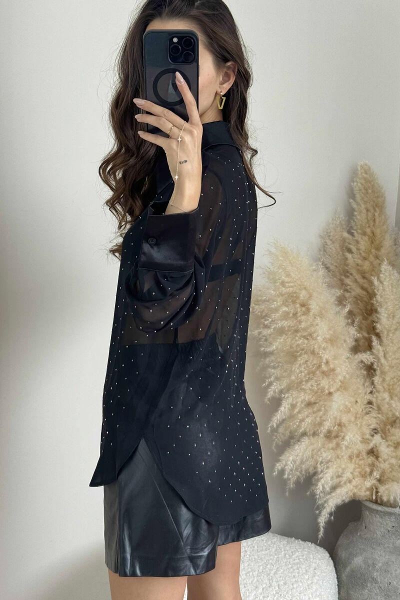 SHINY STONES DETAIL LACE WOMEN SHIRT BLACK/ E ZEZE - 4