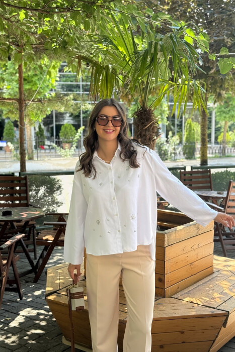 SHINY STONES DETAIL ONE COLOR WOMEN SHIRT WHITE-E BARDHE - 1