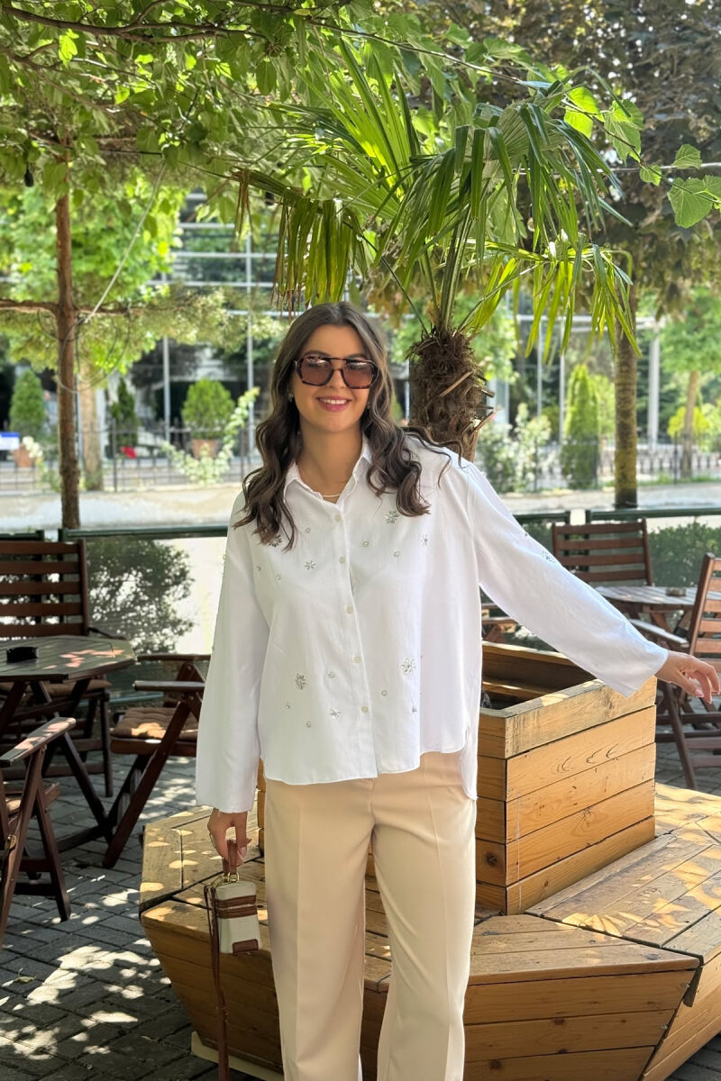 SHINY STONES DETAIL ONE COLOR WOMEN SHIRT WHITE-E BARDHE - 1