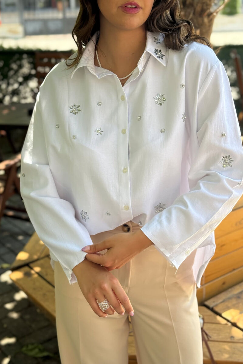 SHINY STONES DETAIL ONE COLOR WOMEN SHIRT WHITE-E BARDHE - 3