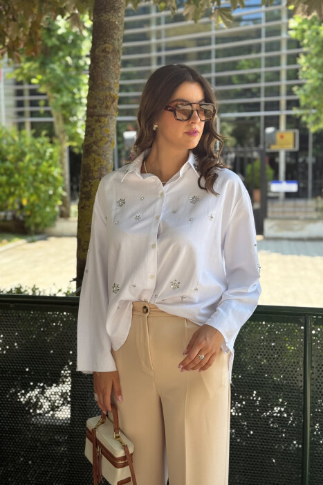 SHINY STONES DETAIL ONE COLOR WOMEN SHIRT WHITE-E BARDHE - 4