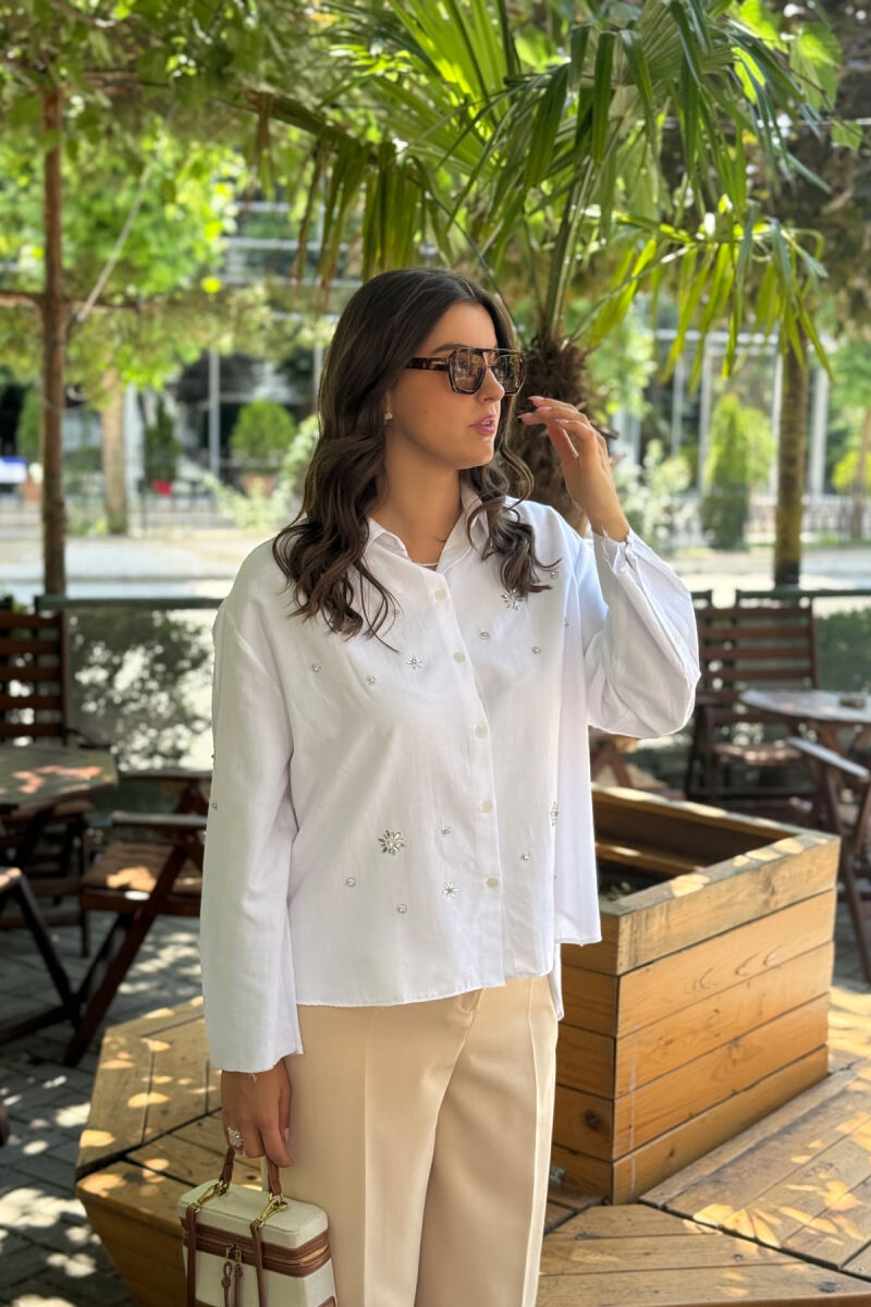 SHINY STONES DETAIL ONE COLOR WOMEN SHIRT WHITE-E BARDHE - 5