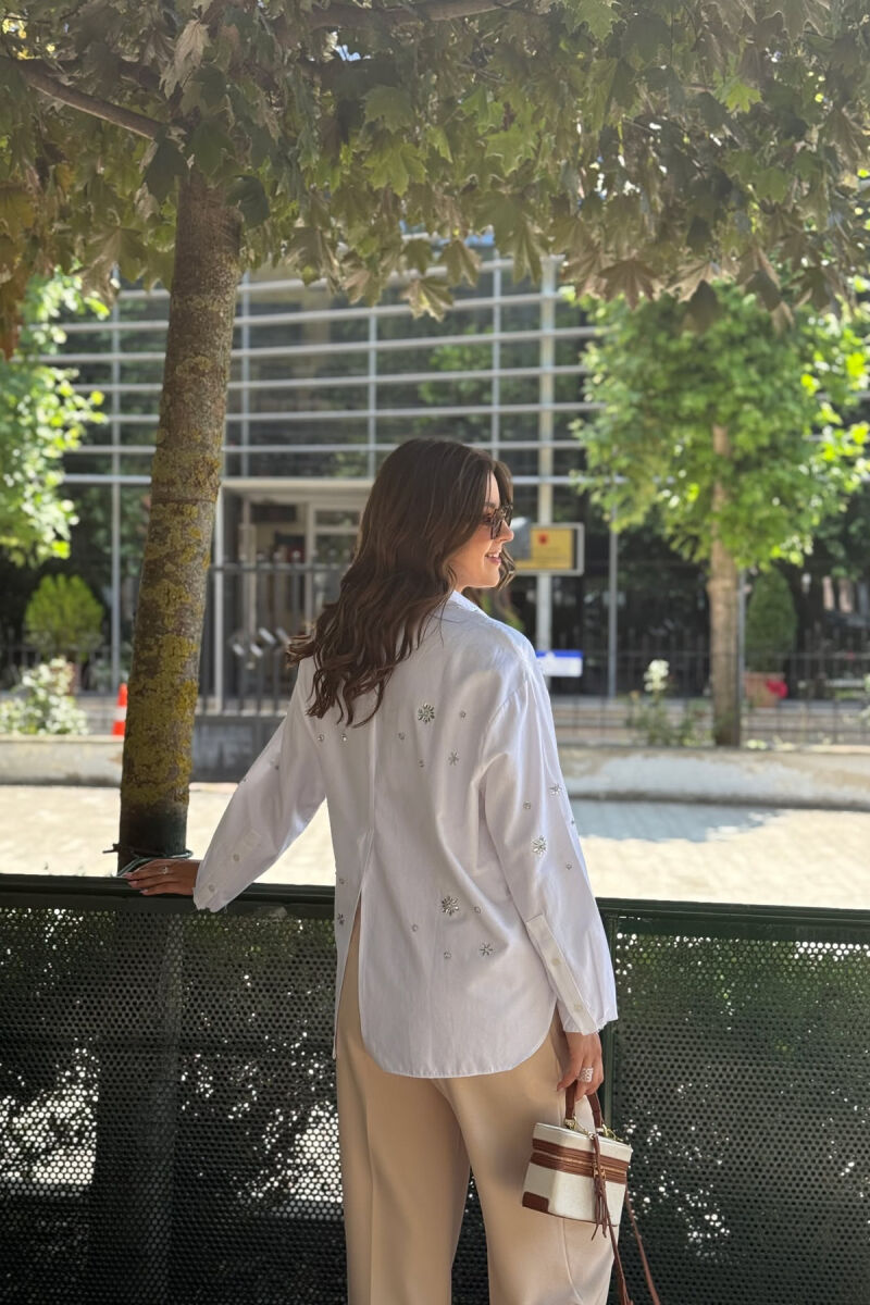 SHINY STONES DETAIL ONE COLOR WOMEN SHIRT WHITE-E BARDHE - 6