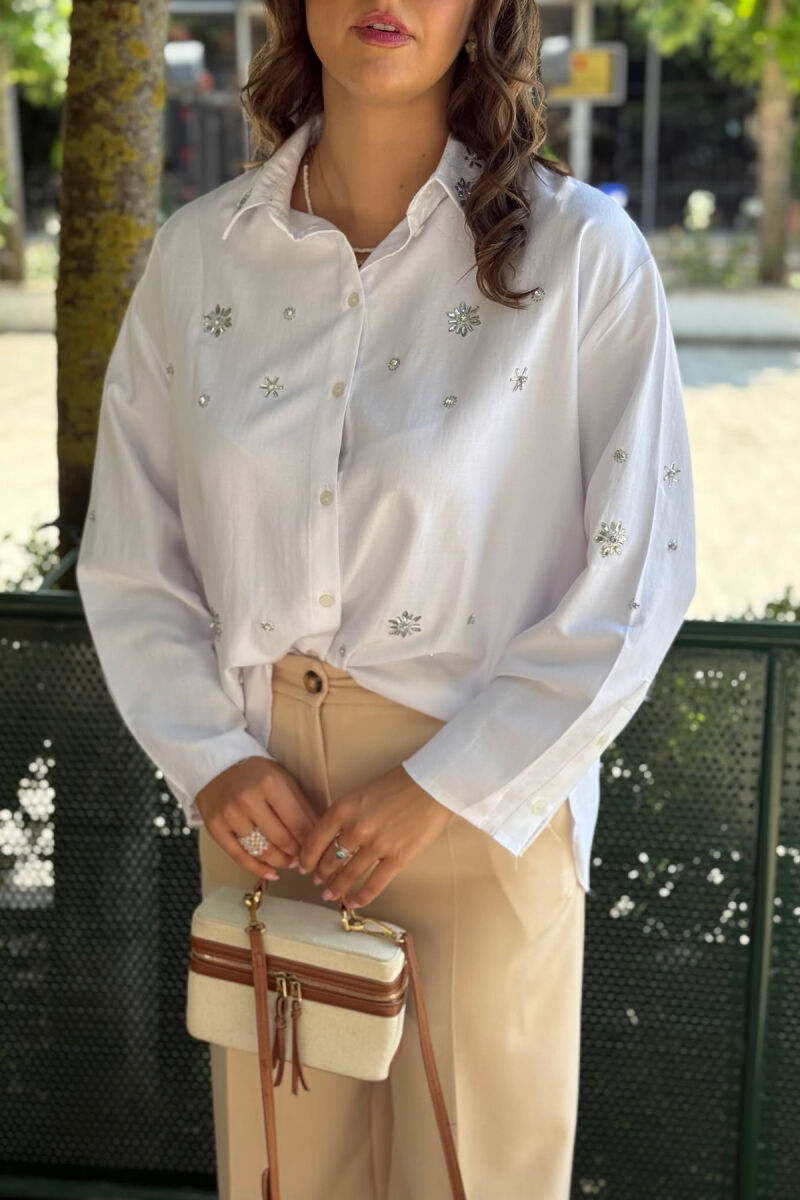 SHINY STONES DETAIL ONE COLOR WOMEN SHIRT WHITE-E BARDHE - 7