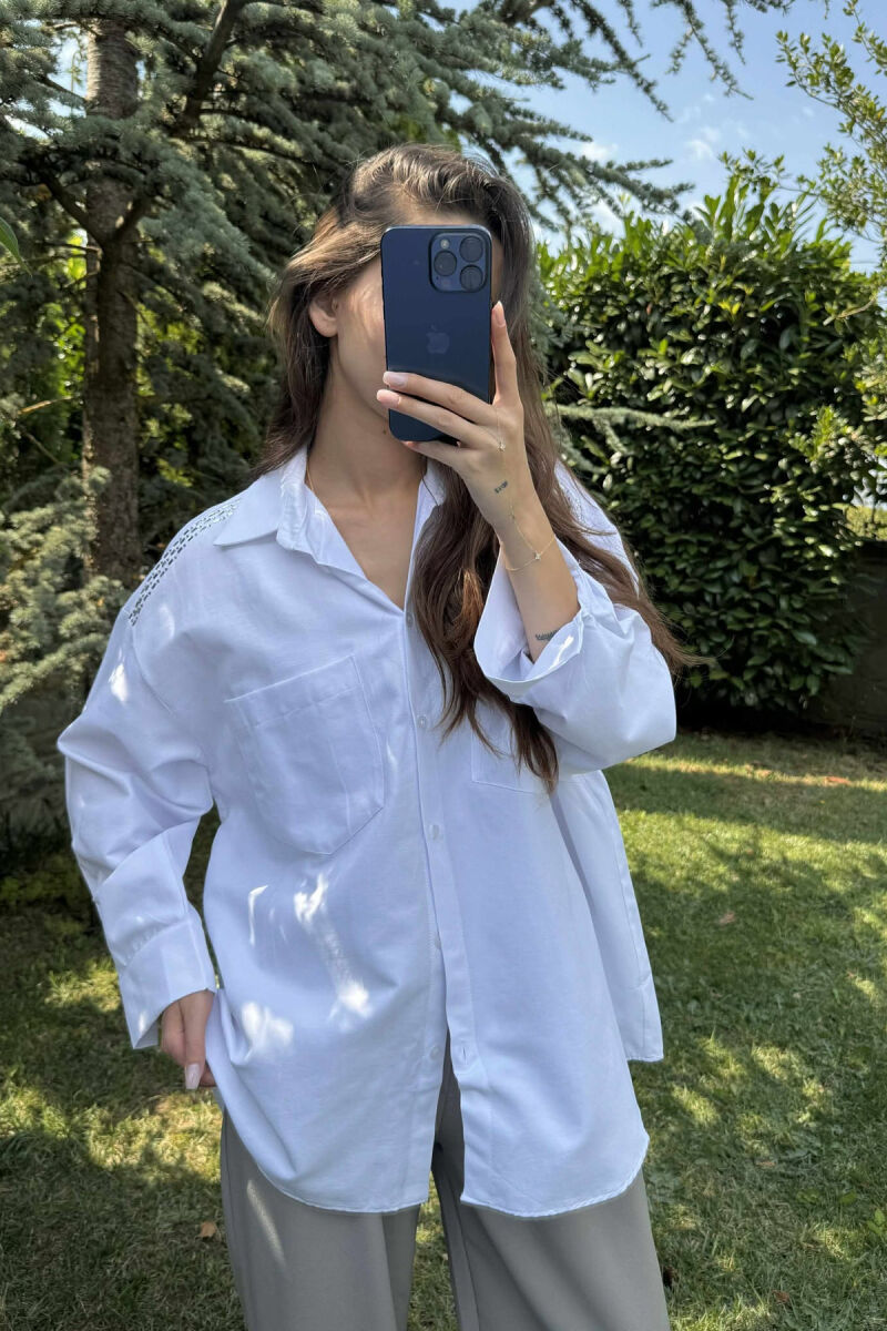 SHINY STONES DETAIL ONE COLOR WOMEN SHIRT WHITE-E BARDHE - 1