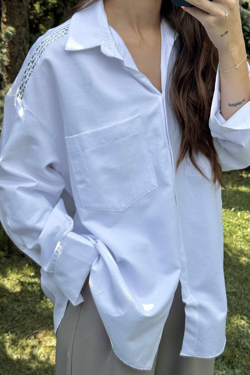 SHINY STONES DETAIL ONE COLOR WOMEN SHIRT WHITE-E BARDHE - 2