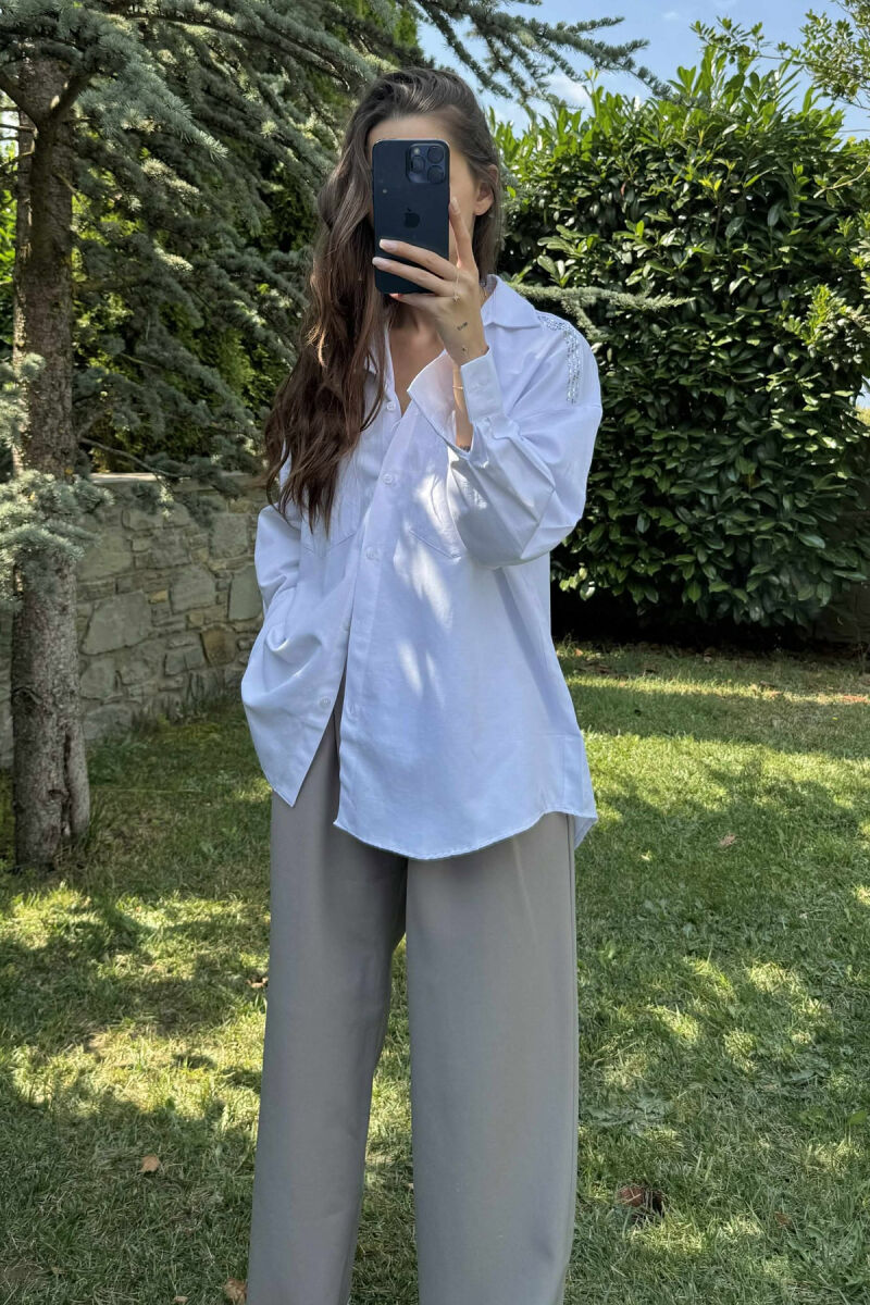 SHINY STONES DETAIL ONE COLOR WOMEN SHIRT WHITE-E BARDHE - 4