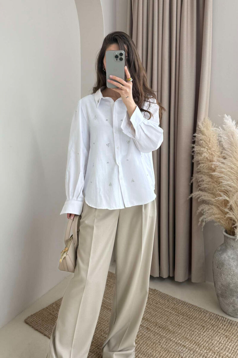 SHINY STONES DETAIL ONE COLOR WOMEN SHIRT WHITE-E BARDHE - 1