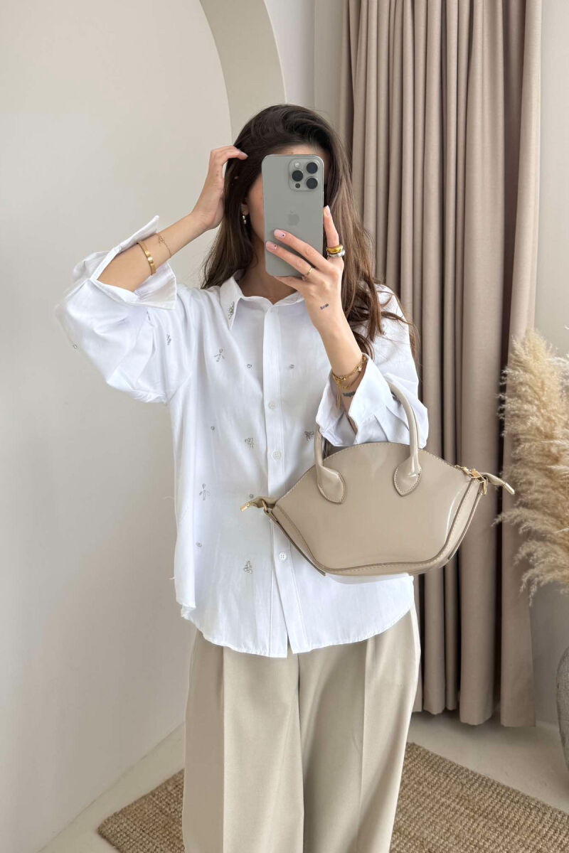 SHINY STONES DETAIL ONE COLOR WOMEN SHIRT WHITE-E BARDHE - 2