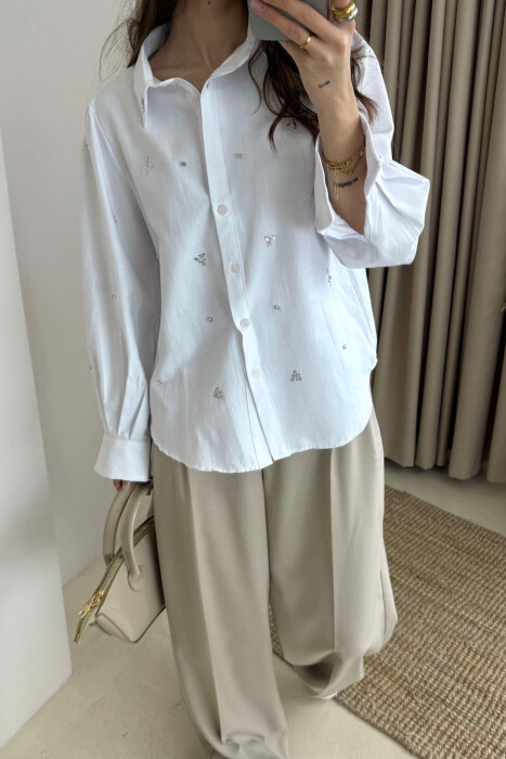 SHINY STONES DETAIL ONE COLOR WOMEN SHIRT WHITE-E BARDHE - 3