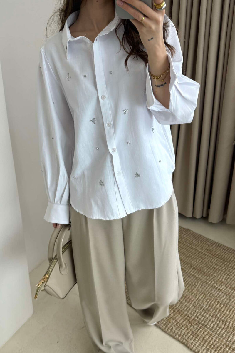 SHINY STONES DETAIL ONE COLOR WOMEN SHIRT WHITE-E BARDHE - 3