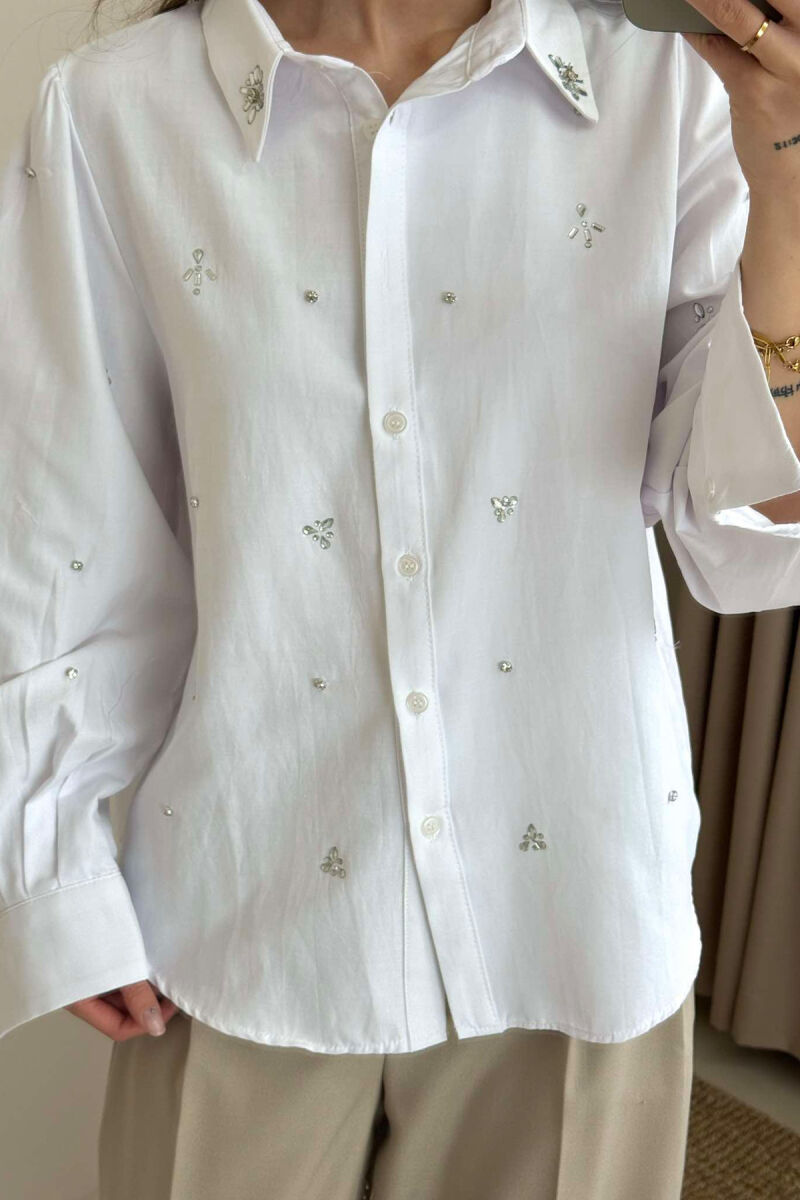 SHINY STONES DETAIL ONE COLOR WOMEN SHIRT WHITE-E BARDHE - 4