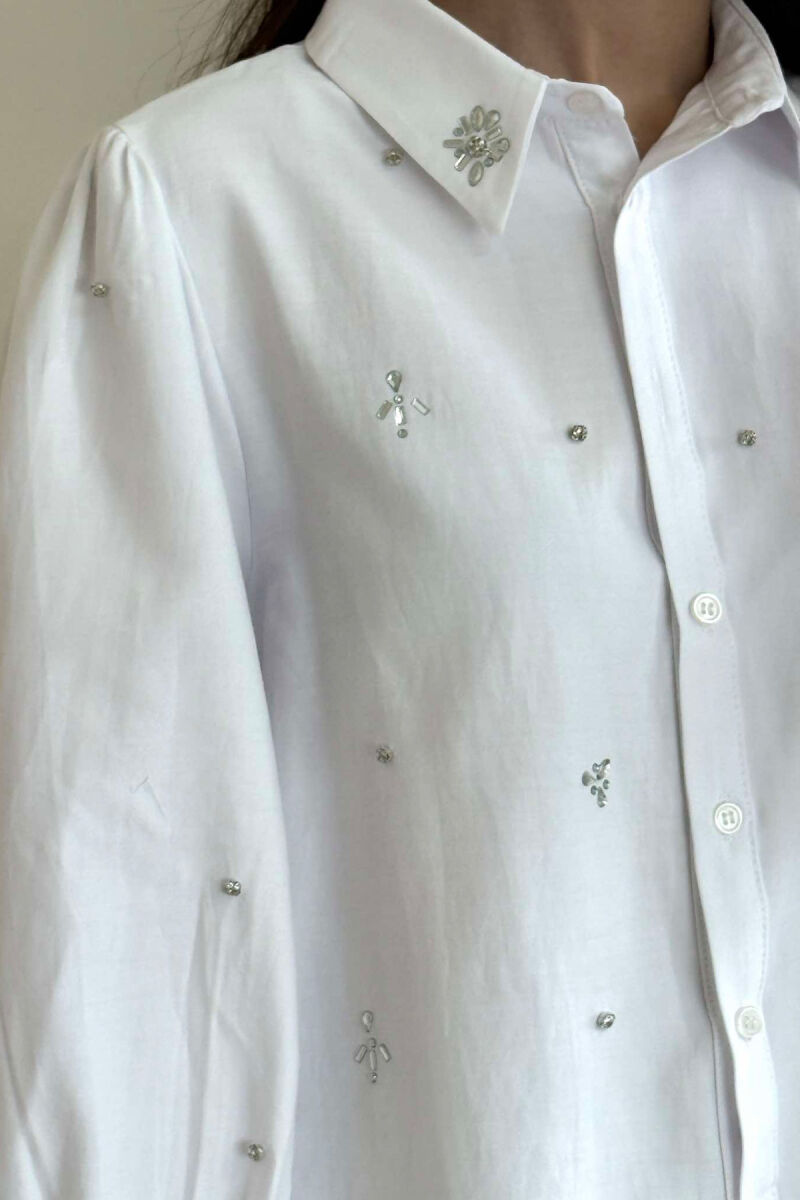 SHINY STONES DETAIL ONE COLOR WOMEN SHIRT WHITE-E BARDHE - 5