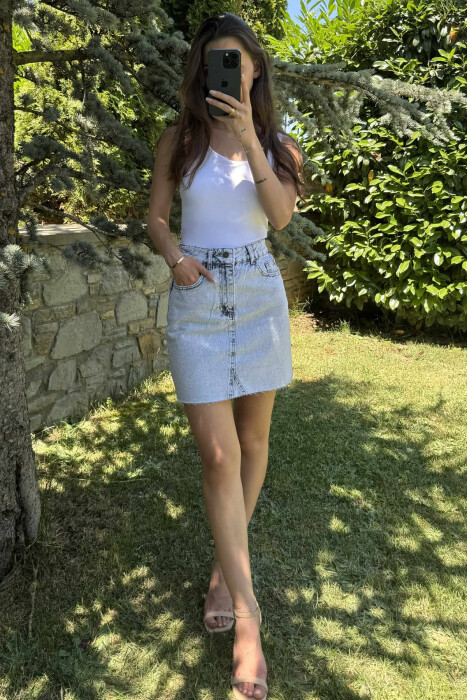 SHINY STONES DETAIL SHORT DENIM WOMEN SKIRT LIGHTBLUE/BZ - 7
