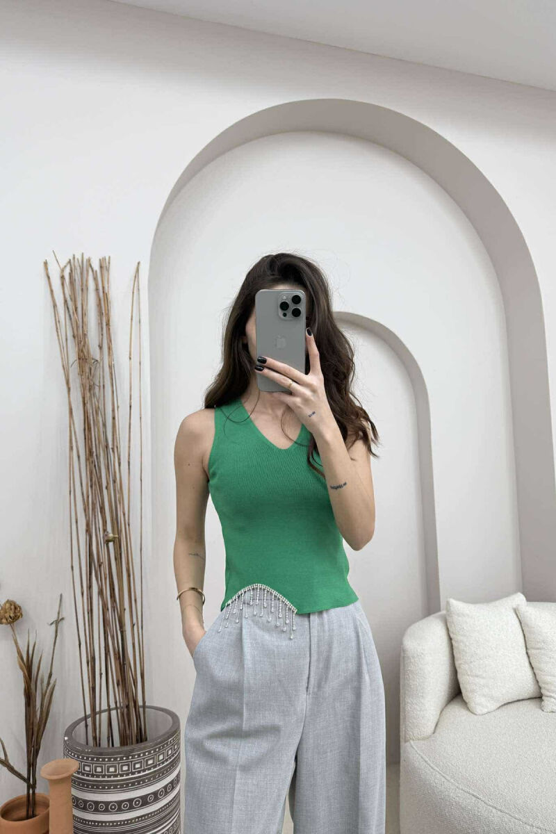 SHINY STONES DETAIL V NECK WOMEN TANK TOP GREEN/JESHILE - 1