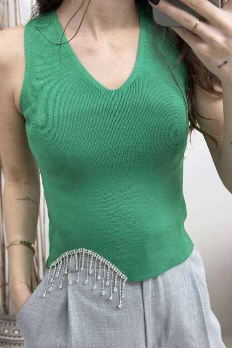 SHINY STONES DETAIL V NECK WOMEN TANK TOP GREEN/JESHILE - 2