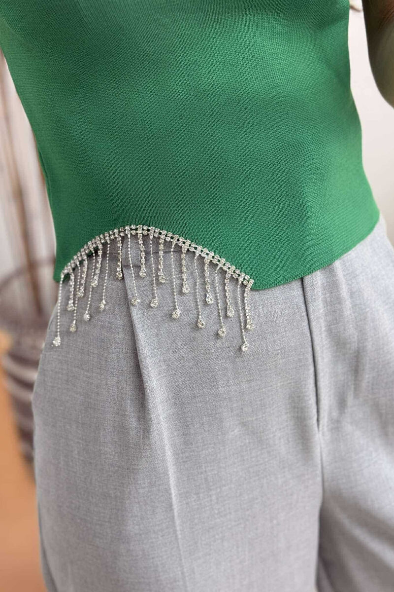 SHINY STONES DETAIL V NECK WOMEN TANK TOP GREEN/JESHILE - 3