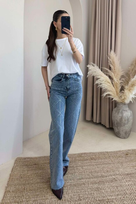 SHINY STONES DETAIL WIDE LEG WOMEN JEANS BLUE/BLU 