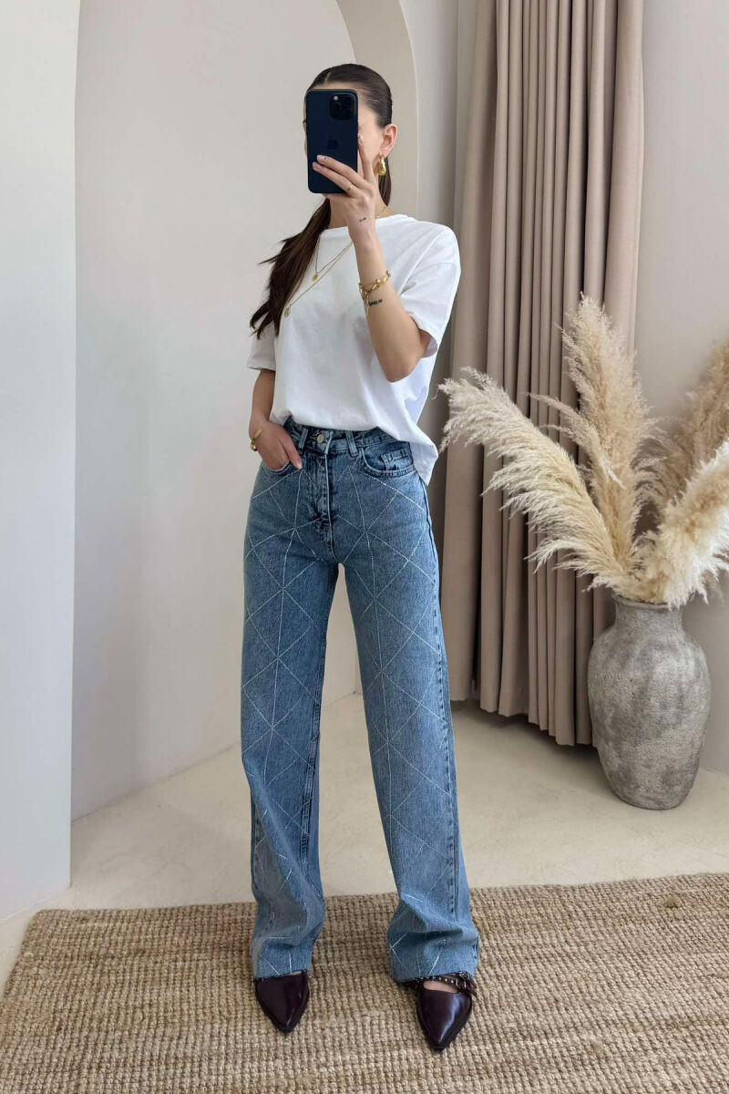 SHINY STONES DETAIL WIDE LEG WOMEN JEANS BLUE/BLU - 2