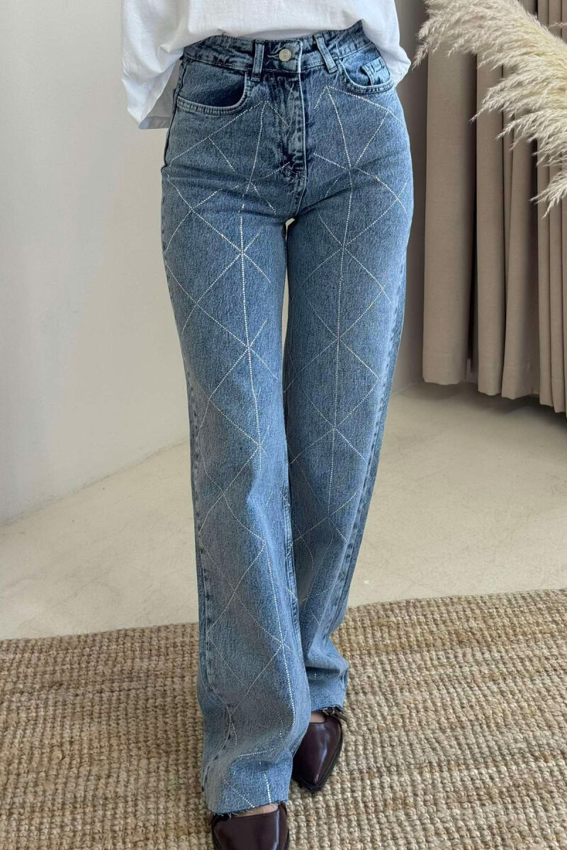 SHINY STONES DETAIL WIDE LEG WOMEN JEANS BLUE/BLU - 3