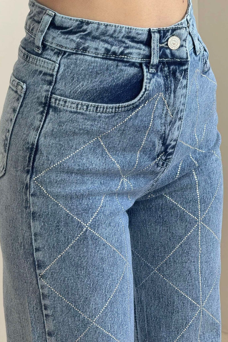 SHINY STONES DETAIL WIDE LEG WOMEN JEANS BLUE/BLU - 5