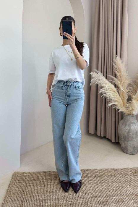 SHINY STONES DETAIL WIDE LEG WOMEN JEANS LIGHTBLUE/BZ - 1