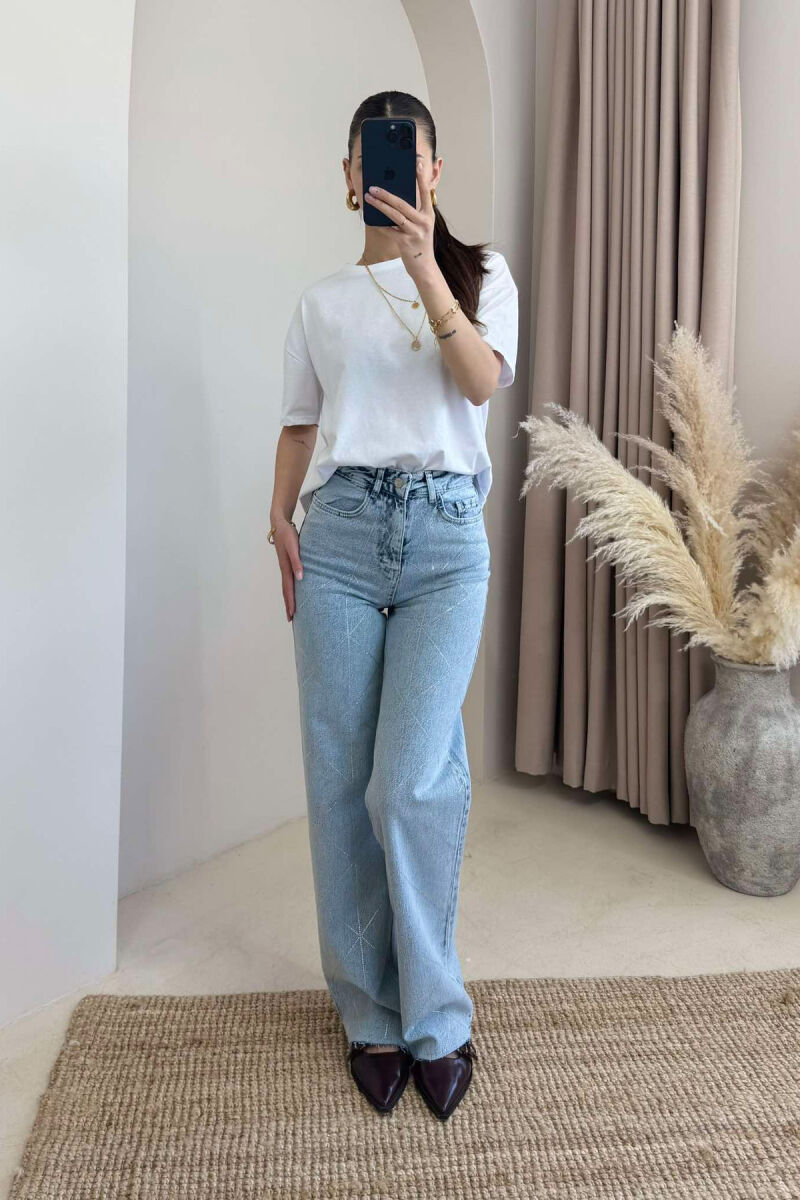 SHINY STONES DETAIL WIDE LEG WOMEN JEANS LIGHTBLUE/BZ - 1