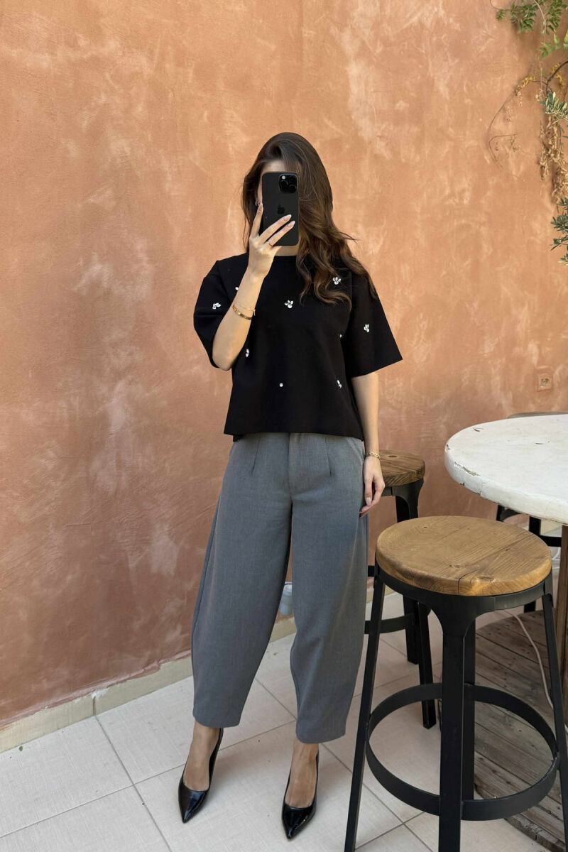 SHINY STONES DETAILS SHORT SLEEVES WOMEN SWEATER BLACK/ E ZEZE - 1