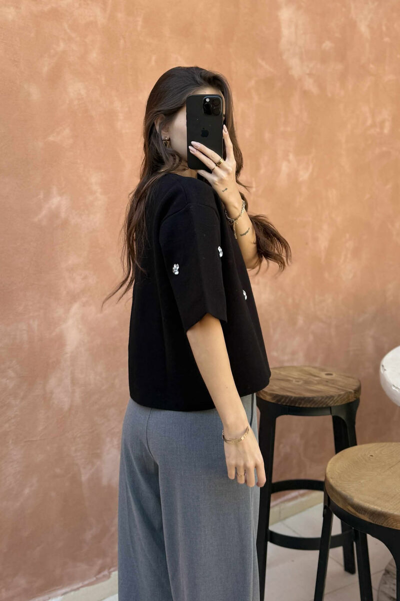 SHINY STONES DETAILS SHORT SLEEVES WOMEN SWEATER BLACK/ E ZEZE - 2