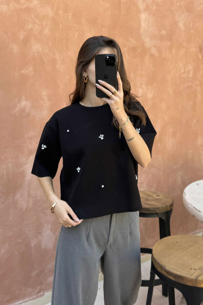 SHINY STONES DETAILS SHORT SLEEVES WOMEN SWEATER BLACK/ E ZEZE - 3