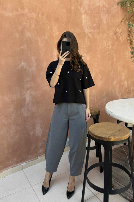 SHINY STONES DETAILS SHORT SLEEVES WOMEN SWEATER BLACK/ E ZEZE 