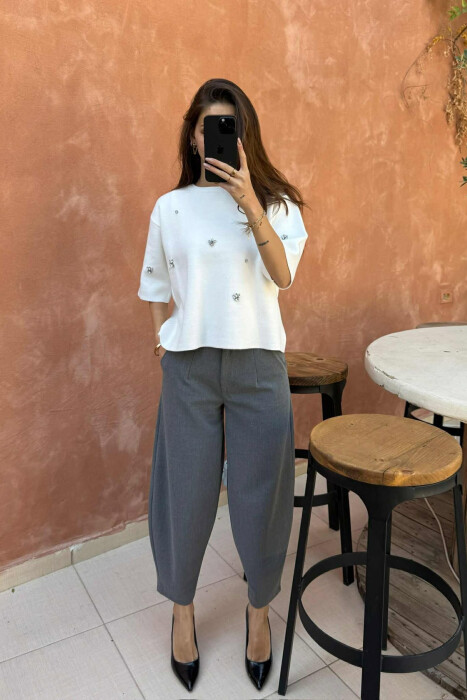 SHINY STONES DETAILS SHORT SLEEVES WOMEN SWEATER WHITE-E BARDHE 