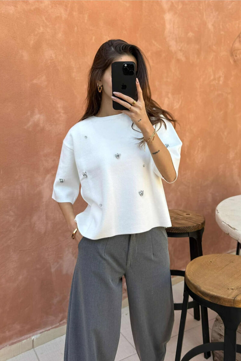 SHINY STONES DETAILS SHORT SLEEVES WOMEN SWEATER WHITE-E BARDHE - 2