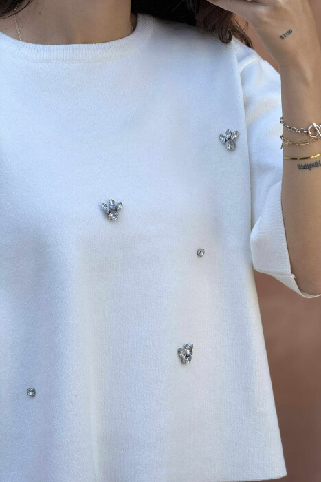 SHINY STONES DETAILS SHORT SLEEVES WOMEN SWEATER WHITE-E BARDHE - 4