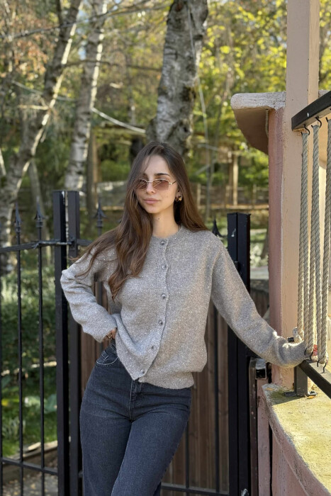 SHINY STONES ONE COLOR WOMEN CARDIGAN LIGHT BROWN/KAZB - 2