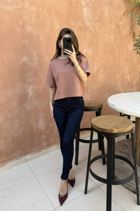 SHINY STONES SHORT SLEEVES WOMEN SWEATER BROWN/KAFE 