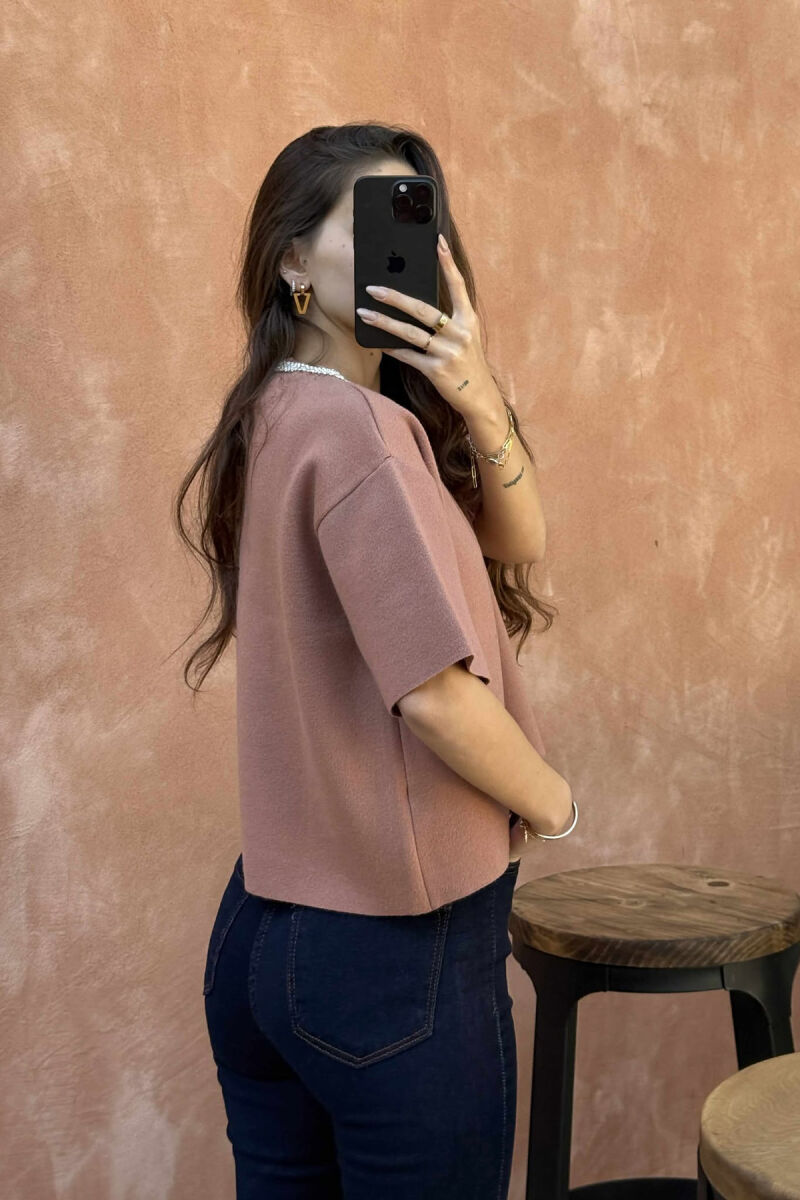 SHINY STONES SHORT SLEEVES WOMEN SWEATER BROWN/KAFE - 3