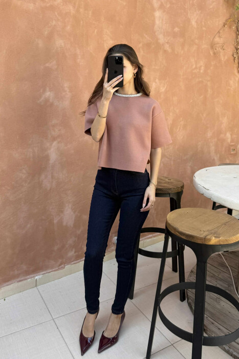 SHINY STONES SHORT SLEEVES WOMEN SWEATER BROWN/KAFE - 4