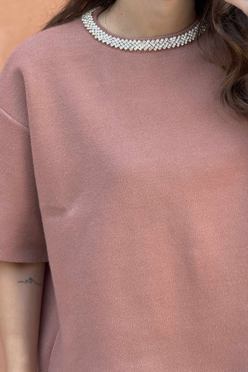 SHINY STONES SHORT SLEEVES WOMEN SWEATER BROWN/KAFE - 5