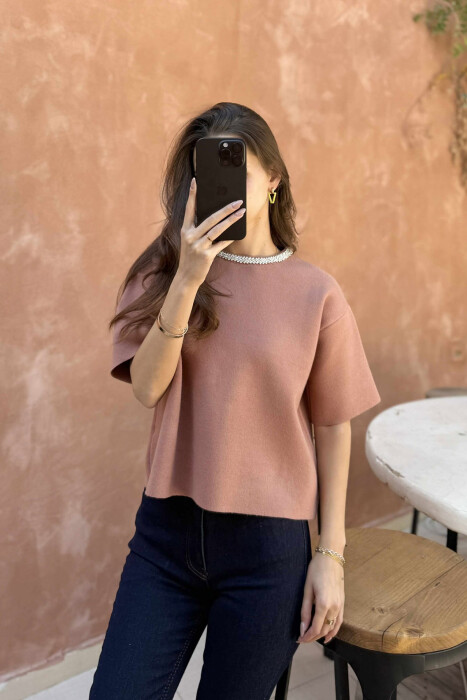 SHINY STONES SHORT SLEEVES WOMEN SWEATER BROWN/KAFE - 6