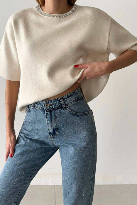 SHINY STONES SHORT SLEEVES WOMEN SWEATER CREAM/KREM 