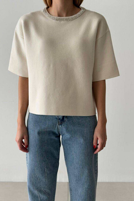 SHINY STONES SHORT SLEEVES WOMEN SWEATER CREAM/KREM - 2