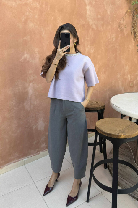 SHINY STONES SHORT SLEEVES WOMEN SWEATER LIGHT PURPLE/LEZB - 2