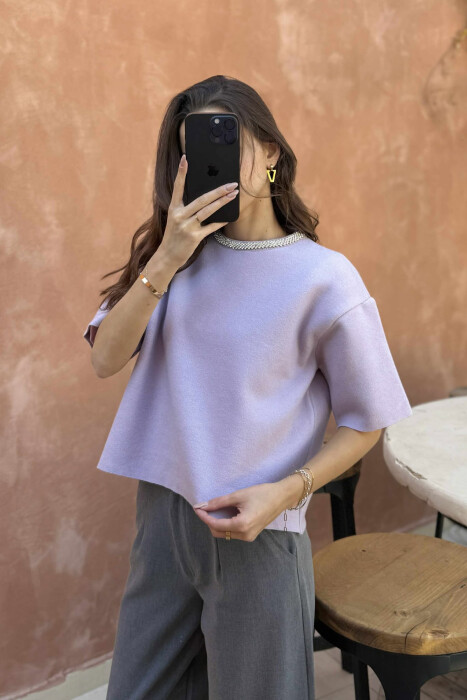 SHINY STONES SHORT SLEEVES WOMEN SWEATER LIGHT PURPLE/LEZB - 3