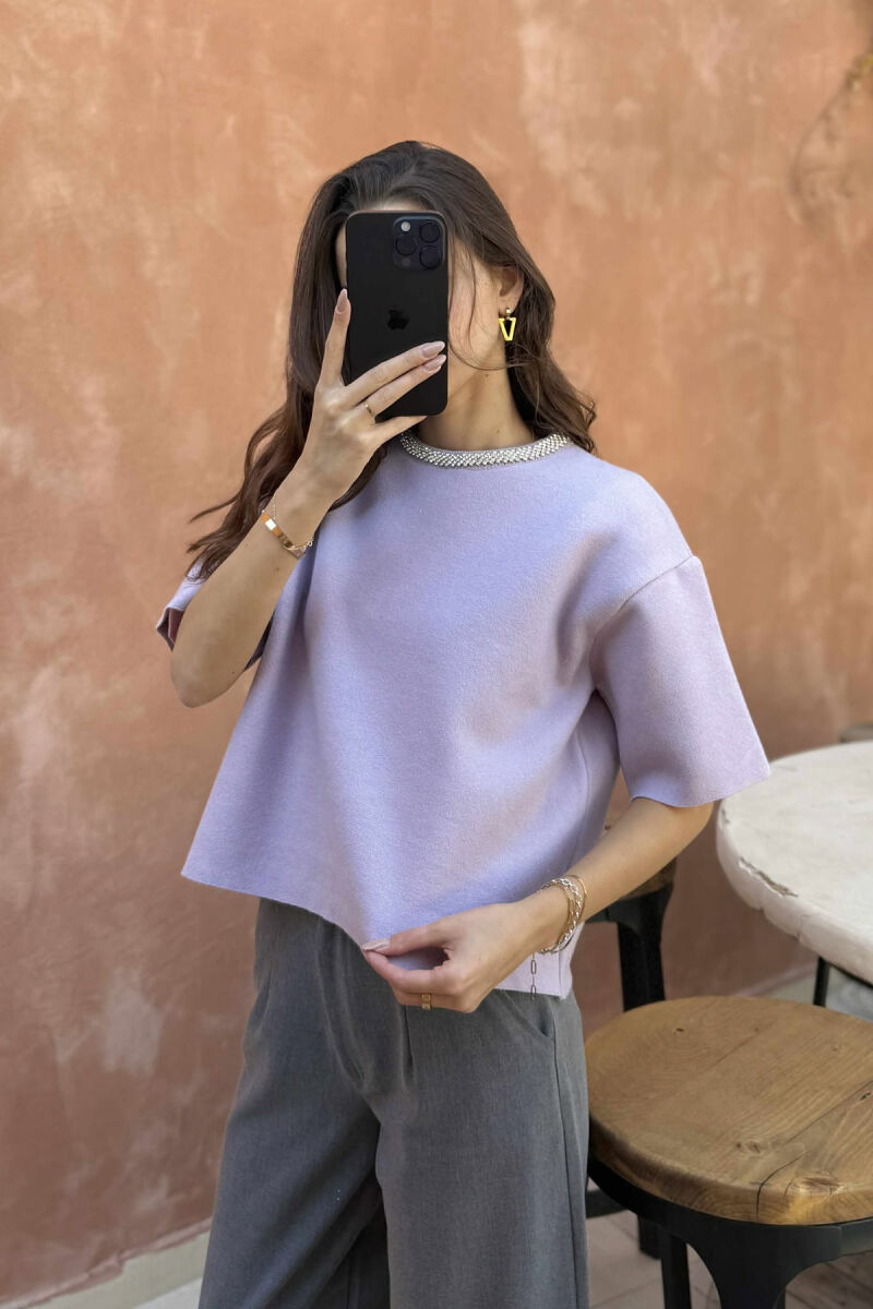 SHINY STONES SHORT SLEEVES WOMEN SWEATER LIGHT PURPLE/LEZB - 3