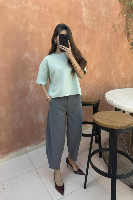 SHINY STONES SHORT SLEEVES WOMEN SWEATER MINT/MENTE - 2